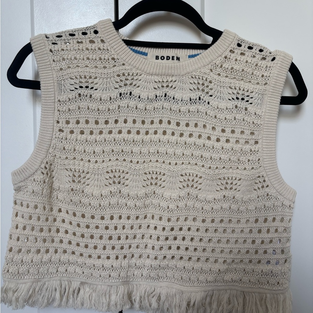 Boden Ivory Crochet Fringe Sleeveless Top